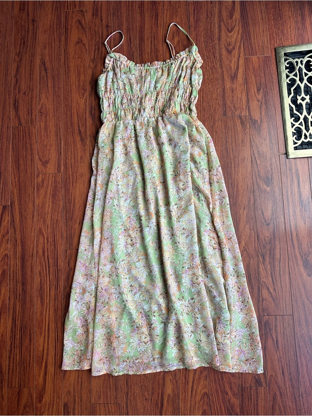 Lush Light Green Floral-Trim Smocked Maxi Dress